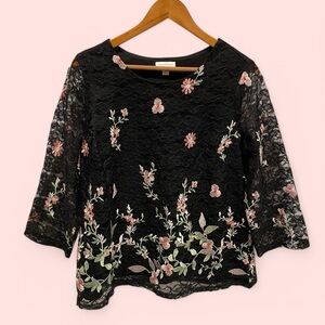 Adorable black floral lace mesh embroidered boho top Whimsigoth fairy